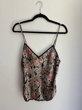 Vintage Myonne Floral Paisley Lace Cami Tank Top Medium Y2K Lingerie Slip Satin